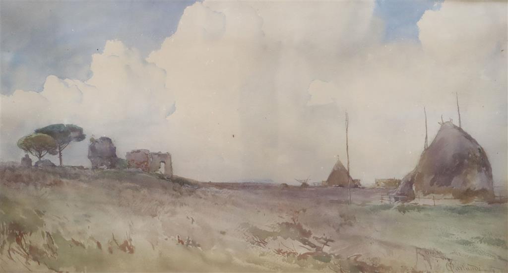 Onorato Carlandi (1848-1939), watercolour, Haystacks near Rome, signed and inscribed Roma, 36 x 65cm